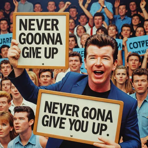 Photo of Rick Astley with a sign saying "Never Gonna Give You Up"