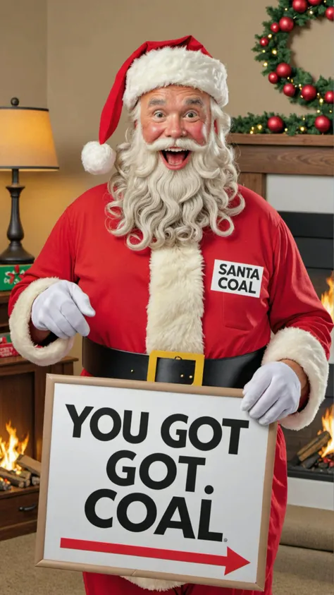 Photo of santa with a sign that says "you got coal"