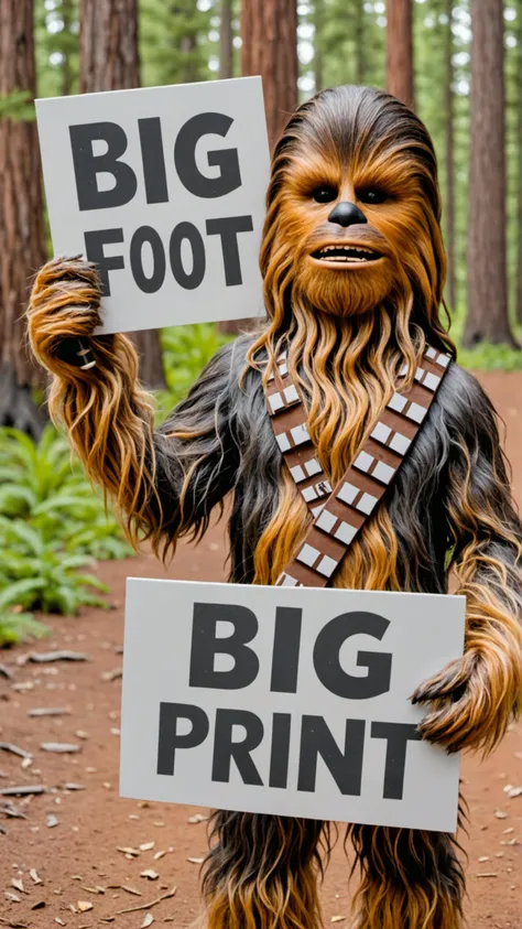 Photo of chewbacca with a sign that says "big foot print"