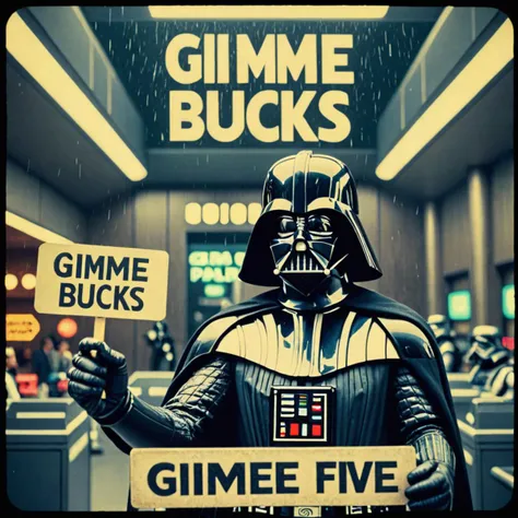 Star Wars analog film photo Photo of darth vader in matrix with a sign that says "gimme five bucks paypal" . faded film, desaturated, 35mm photo, grainy, vignette, vintage, Kodachrome, Lomography, stained, highly detailed, found footage . Space opera, galaxy far, far away, epic, iconic, cinematic, highly detailed