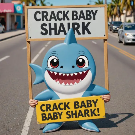 Photo of crack baby shark with a sign saying "crack baby shark"