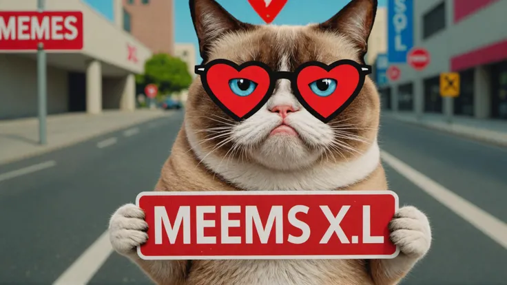 photo of grumpy cat in matrix with stop signs that says "memes xl" with hearts everywhere