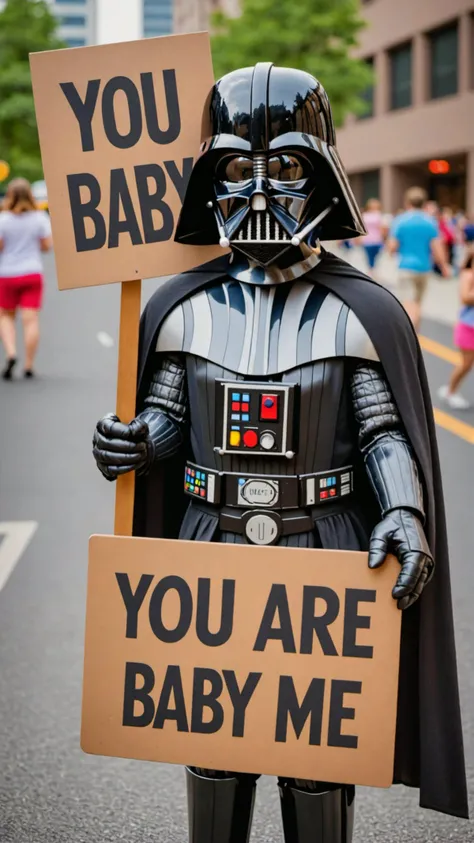 Photo of darth vader with a sign that says "you are baby me"