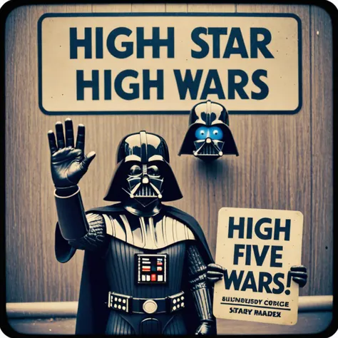 Star Wars analog film photo Photo of darth vader with towelie in matrix with a sign that says "high five star wars" . faded film, desaturated, 35mm photo, grainy, vignette, vintage, Kodachrome, Lomography, stained, highly detailed, found footage . Space opera, galaxy far, far away, epic, iconic, cinematic, highly detailed