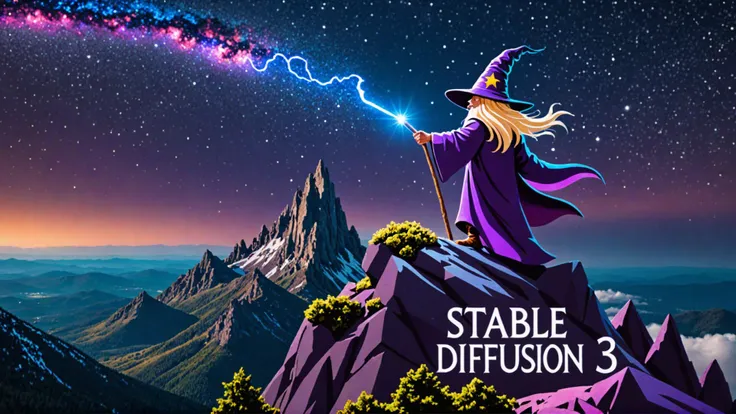 Epic anime artwork of a wizard atop a mountain at night casting a cosmic spell into the dark sky that says "Stable Diffusion 3".
