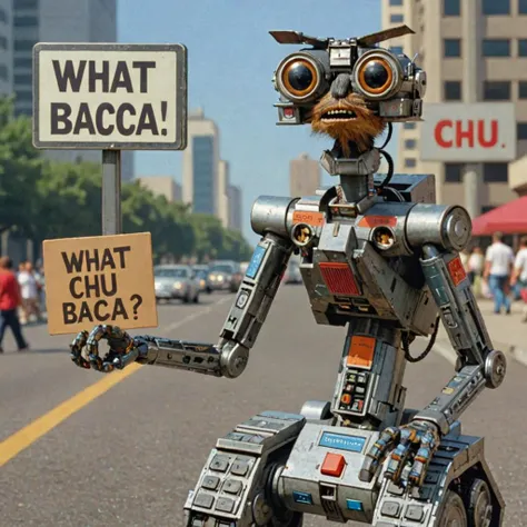 Photo of Johnny5 in matrix with a sign saying "WHAT CHU BACCA" <lora:Johnny5-1024:0.5>WITH CHEWBACCA