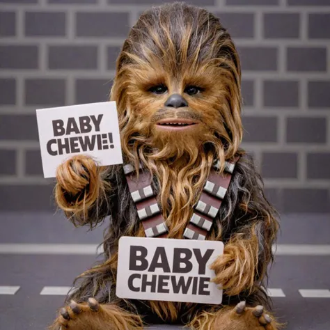 Photo of baby chewie in matrix code with a sign that says "baby chewie!"<lora:Chewbacca1024:0.5>