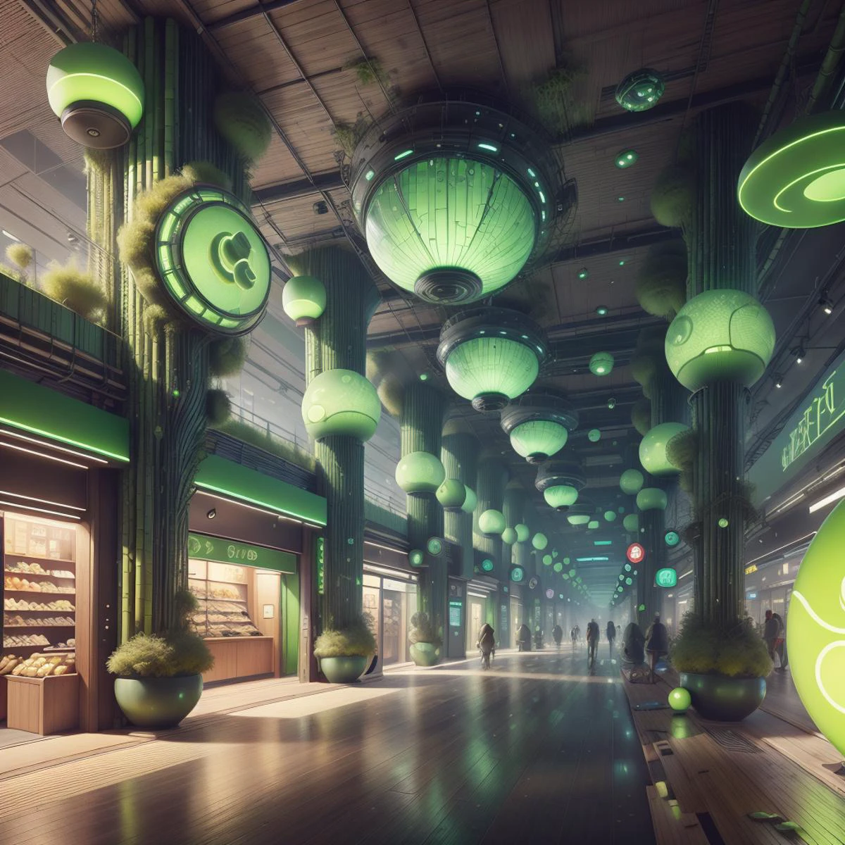 <lora:BambooTech-20:1>, bambootech , scifi, bamboo, fibers ,
shopping mall , indoors,