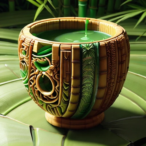 A colorful-tropical-drink-served-in-a-cup-carved-from-bamboo <lora:BambooTech:0.8> bambootech