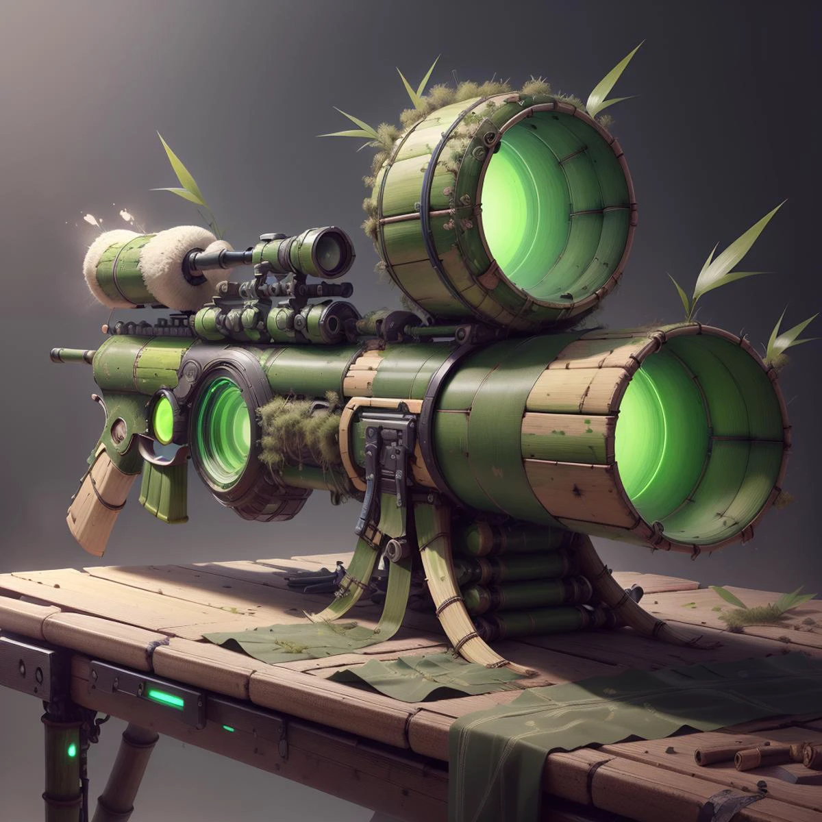 <lora:BambooTech-20:1>, bambootech , scifi, bamboo, fibers ,
(rifle on table) , (simple background:1.3), , product commercial,