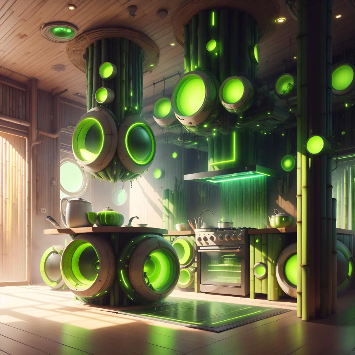 <lora:BambooTech-20:1>, bambootech , scifi, bamboo, fibers ,
futuristic kitchen
