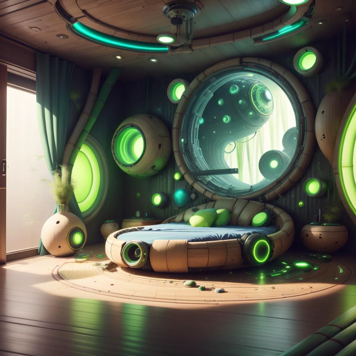 <lora:BambooTech-20:1>, bambootech , scifi, bamboo, fibers ,
futuristic bedroom