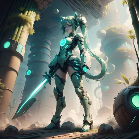 <lora:BambooTech-20:1>, bambootech , scifi, bamboo, fibers ,
 hatsune miku, 1girl, armor, holding sword, full body, standing,