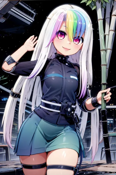 ((masterpiece,best quality)), absurdres,
<lora:Mantis_Style:0.8>,
<lora:BambooTech:1>, bambootech , scifi, bamboo, fibers, (green kimono, traditional japanese clothes:1), (thick outlines, comics,:1.1), perfect hands, masterpiece:1.2, (hip to the side, head tilt:1.2), smug, smirk, looking at viewer, <lora:Roxy_Citron_OC_AnyLora:0.8>, Roxy_Citron_OC, 1girl, solo, red eyes, white hair, rainbow hair, long hair, streaked hair, hair between eyes, smile, glowing clothes, skirt, cowboy shot, detailed background, detailed face, detailed eyes, <lora:more_details:0.7>,