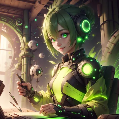 <lora:BambooTech-20:1>, bambootech , scifi, bamboo, fibers ,
scholar , scroll, 1girl,short hair, green hair, glowing eyes, smile ,closed mouth,