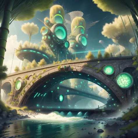 <lora:BambooTech-20:1>, bambootech , scifi, bamboo, fibers , 
bridge, river