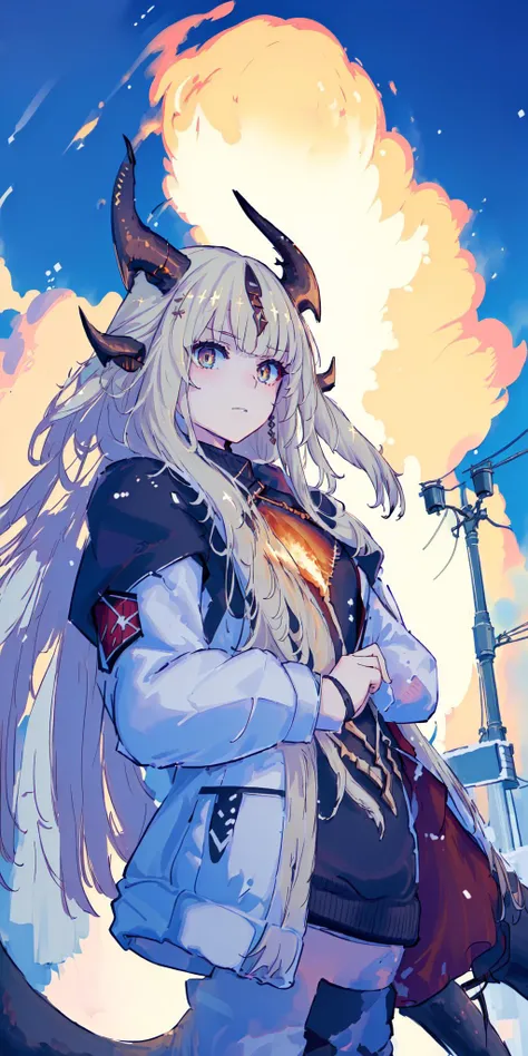 ((((masterpiece, best quality, high resolution))), 1girl, solo,  <lora:ArknightsReedNEW:1>, ORIGINALOUTFIT, ((winter clothes)), (winter coat), sweater, thighhighs, skindentation, (fire_tipped_tail) dragon tail, [horns, blonde, long_hair], snow, snowing, street, winter, warm lights, lamppost, day, sky, (upper body)