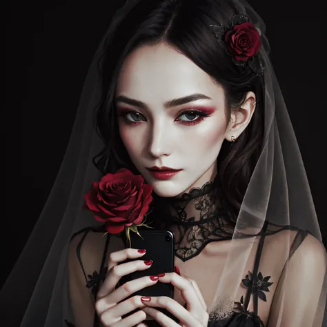 floral-themed makeup,dried roses,romantic aesthetic,sheer fabric with lace details,warm color palette,focused gaze,chiaroscuro lighting,emotional intensity,traditional and contemporary blend.,
holding an iphone
<lora:Serge_Lutens_Inspired_Style:1>,