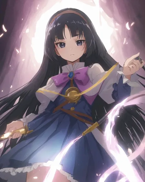 Mayuri-30000, solo, 1girl, magical girl, magic wand, special effect, black eyes, hairband,
looking at viewer, from below,
beautiful eyes
<lora:gekidol-lora-30000:1:0.75>