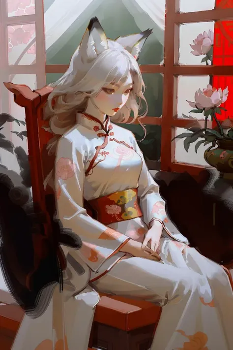 a fox wearing a white cheongsam with peony pattern, sitting by a red Chinese window