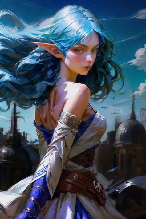 solo, (fantasy poster), (fantasy rpg:1.4), (fantasy theme:1.42), (dreamlike:1.42), (painting:1.4), (viewed from close-up:1.6), (mid angle, viewed from behind:1.6), (a stunningly beautiful elven girl, very short pointed ears:1.4), (beautiful soft green eyes:1.2), (defined pupils), (white sclera:1.2), (small delicate hands:1.5), detailed clothing, wearing detailed light armor, with armored dress, (and detailed long blue hair:1.3), flowing hair, beautiful eyes, smug but loathing expression, (petite body:1.2), (goddess-like pose:1.4), (clear blue sky:1.3), (detailed fantasy rpg battlefield:1.5), intricate, details, jewelry, realistic skin texture, warm soft color grading, beautiful, highest quality, subsurface scattering, volumetric light, lumen reflections, Good Shading, Good Highlights, (highly detailed, good anatomy, good proportions, good composition, award winning, masterpiece:1.25), (empty hands:1.67),  <lora:add_detail:1>   <lora:jkSmallBreastsLite_V01:.65> flat_chest, tiny_breasts <lora:GoodHands-beta2:1>