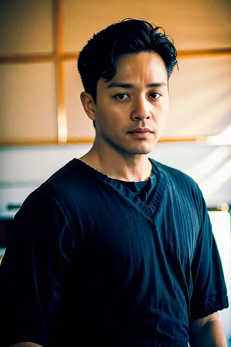 best quality, ultra high res, (photorealistic:1.4), masterpiece, blurry background,instage,1boy,40 years old,standing ,(looking at viewer), black shirt, <lora:mei_20230614002614:0.8>