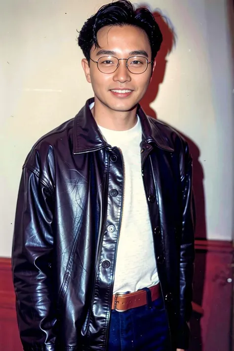 best quality, ultra high res, (photorealistic:1.4), masterpiece, blurry background,indoors,1boy,standing ,(looking at viewer), black leather coat, <lora:mei_20230614002614:0.8>