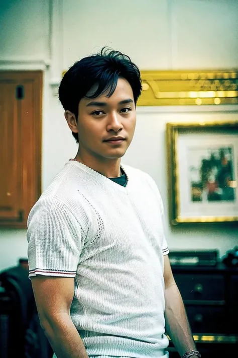 best quality, ultra high res, (photorealistic:1.4), masterpiece, blurry background,indoors,1boy,standing ,(looking at viewer), black shirt, <lora:mei_20230614002614:0.8>