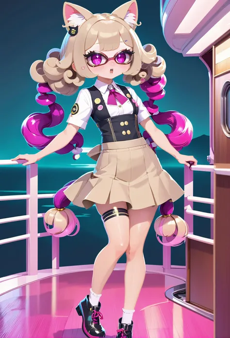 (dilapidated Horror Academia:1.3) catgirl, full body, [:formal, sexy costume design,:0.2], official art, korean, soft neon beige lighting , on a confusing, Swiss cruise ship, bombshell hair, matte magenta hair, Pin Curls,twin drills, t-pose<lora:EnvyCuteXL01v12:1>