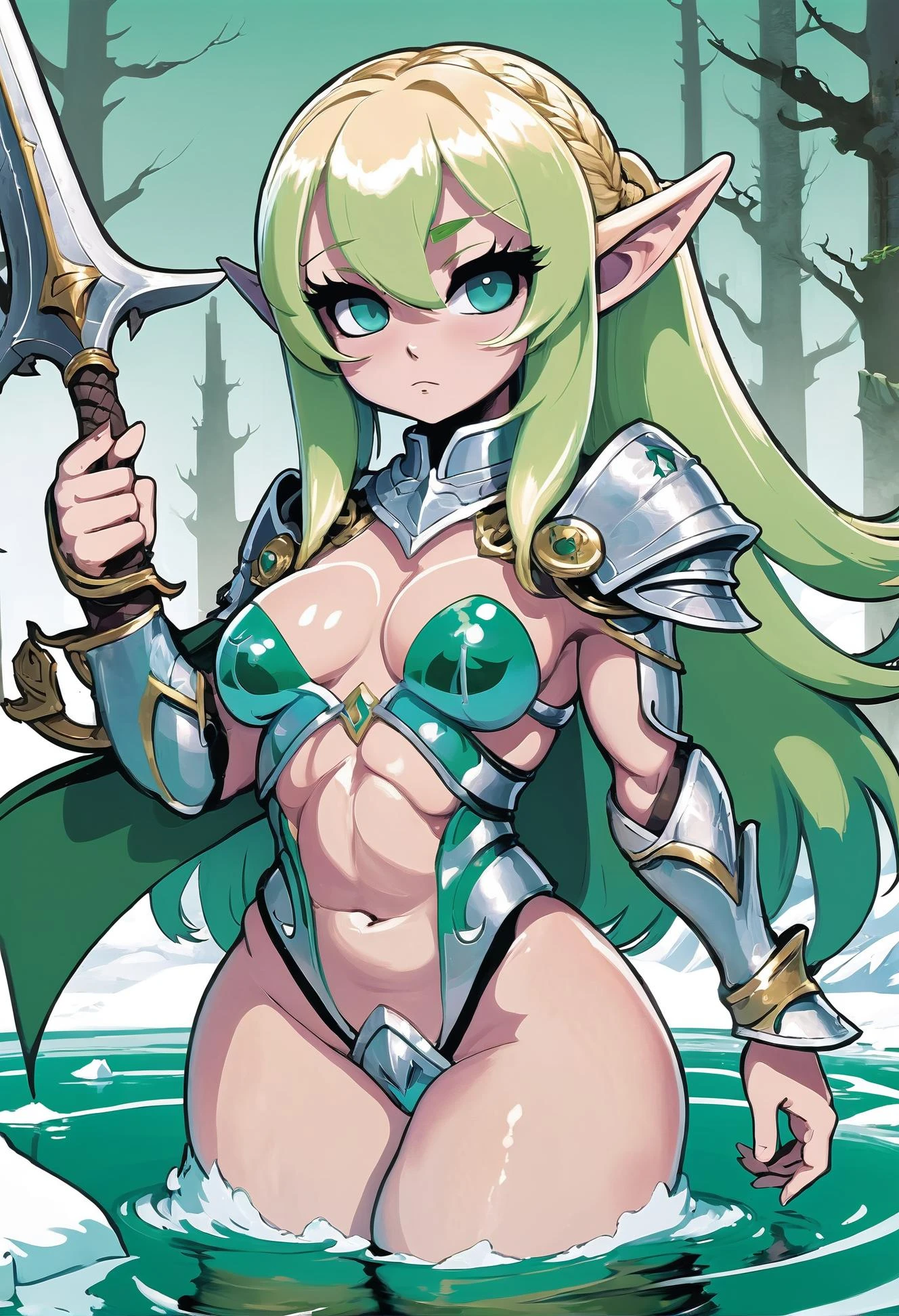 high quality, full body, anime, elf arctic warpriest lord , sexy armor, blonde hair, High Ponytail, crucifixion, simple background, in a swamp, bombshell hair, sea green hair, hair over one eye, zombie pose<lora:EnvyCuteXL01-medium:0.5>