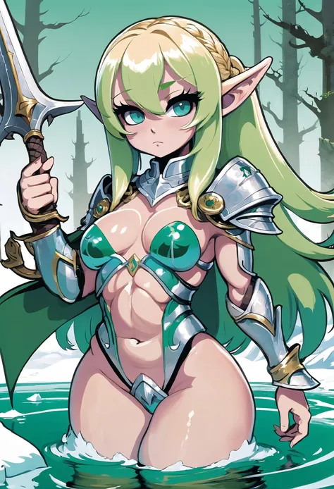 high quality, full body, anime, elf arctic warpriest lord , sexy armor, blonde hair, High Ponytail, crucifixion, simple background, in a swamp, bombshell hair, sea green hair, hair over one eye, zombie pose<lora:EnvyCuteXL01-medium:0.5>