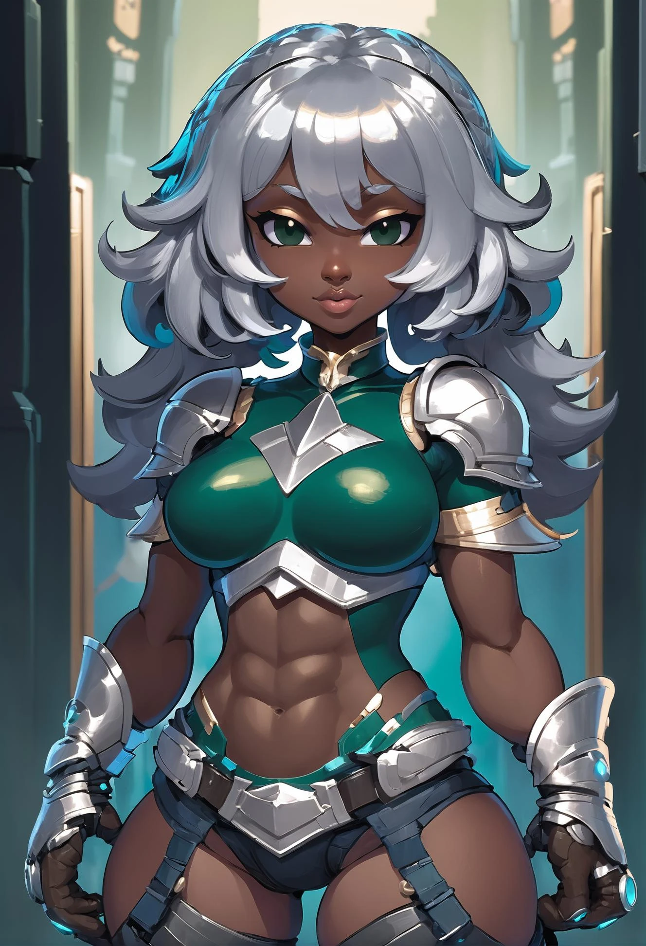 high quality, full body, animedigital painting, rough digital painting, (full body:1.25), 1girl, solo, [:epic costume design,:0.2] gunslinger, (sci-fi silver greaves,bracers,shield,armor:1.4), (dark skin:1.3), bombshell indigo hair, bob cut, (chubby:1) build, simple background, moba character concept art, in a crowded Victorian theatre, bombshell hair, forest green hair, curly hair,Long Layers, chest stand<lora:EnvyCuteXL01-medium:0.75>