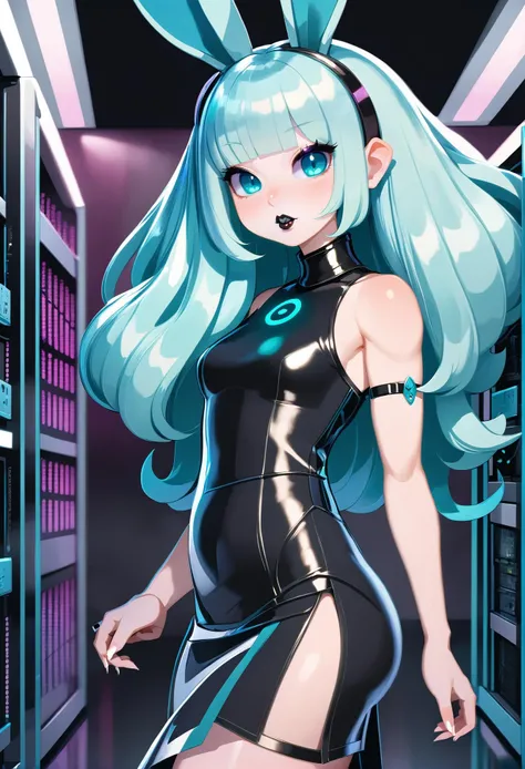(full body:1), villainess, (flowing dress:1),(black lipstick:1.3),(makeup:1), claws, korean, (Foreboding statues:1.3),In a foreboding, shadowy maze, in a data center, bombshell hair, shiny aqua hair, Bob Cut,long hair, rabbit pose<lora:EnvyCuteXL01v12:1>