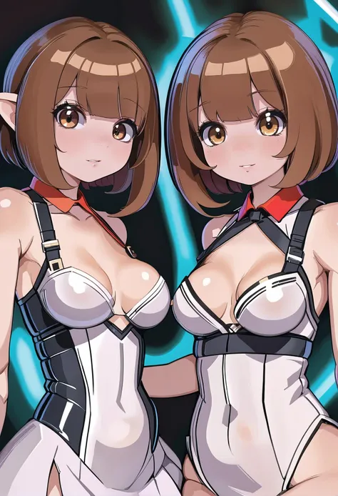 anime style, depth of field, 2girls, (all-knowing spy cyphermage:1.3), (in a orderly, exciting smithy:1.3), scenery, full body, brown hair, short bombshell hair, red eyes, [:outlandish costume design:0.2], top-down bottom-up,glowing eyes, (small breasts:1.5), sexy perfect hourglass figure,(muscular:0.6), skindentation, (long dress, cleavage cutout:1.2), albino<lora:EnvyCuteXL01v12:1>