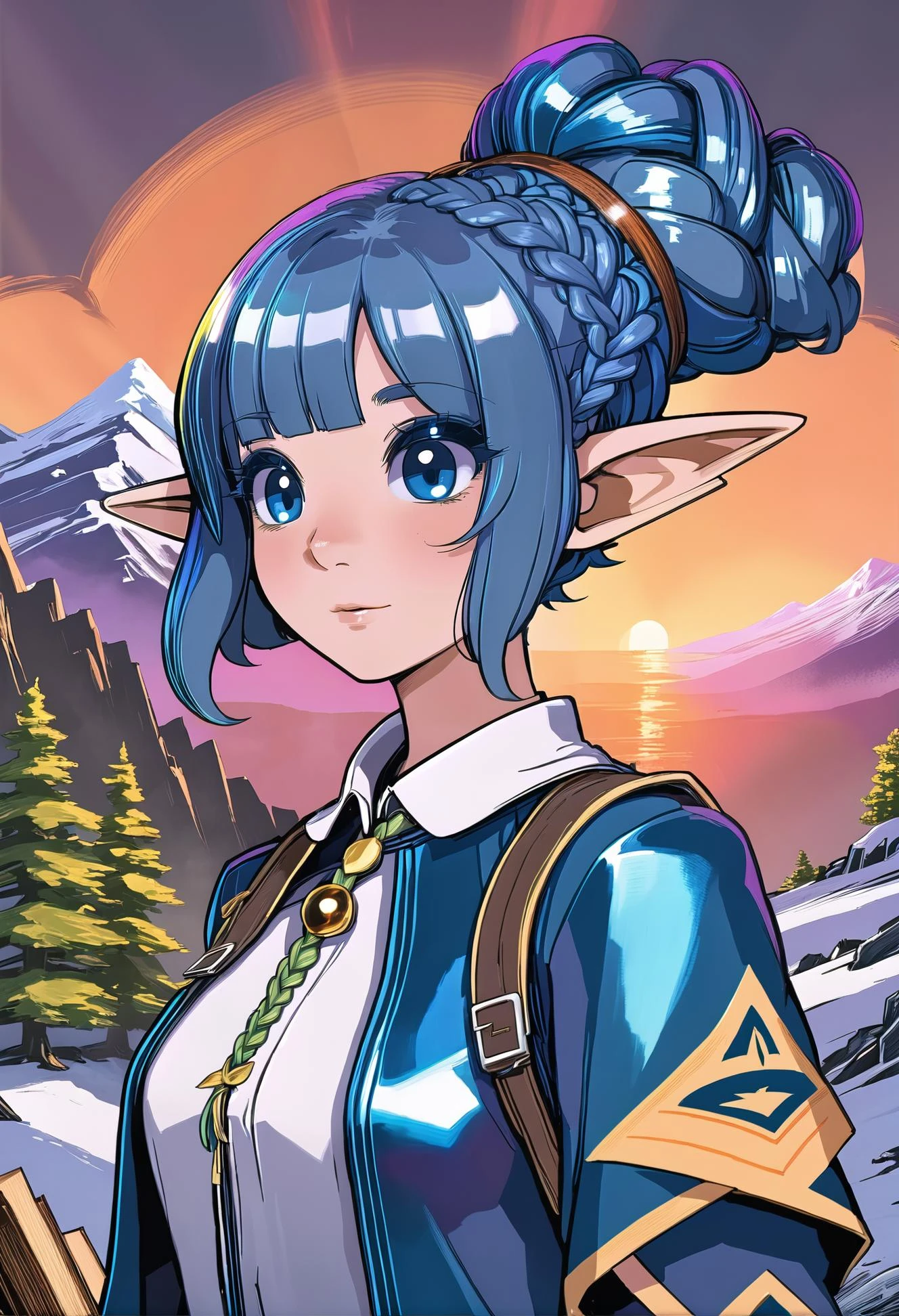 welcoming, 1girl, druid, elf, sunset hair, bob cut,Side Swept Dutch Braid, casting spell, in the mountains, in a classroom, bombshell hair, iridescent slate blue hair, short hair, arm behind head<lora:EnvyCuteXL01v12:1>