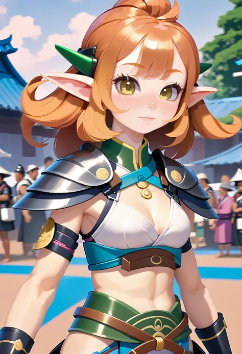 elf sci-fi samurai lord villainess, armor, pauldrons, shiny ginger hair, curly hair, yoga, at a messy festival, at an exciting airport, bombshell hair, light auburn hair, Straight Hair, slouching<lora:EnvyCuteXL01v12:1>