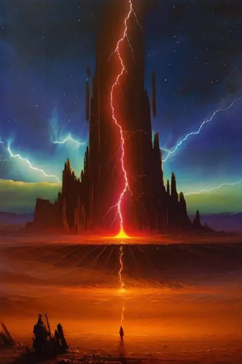 1man walking to gigantic radiotelescope in desert, dramatic sky, (lightnings), painted by Zdzislaw Beksinski <lora:LostDepthStyle-000004:0.7>, <lora:LostDepthStyle:0.7>