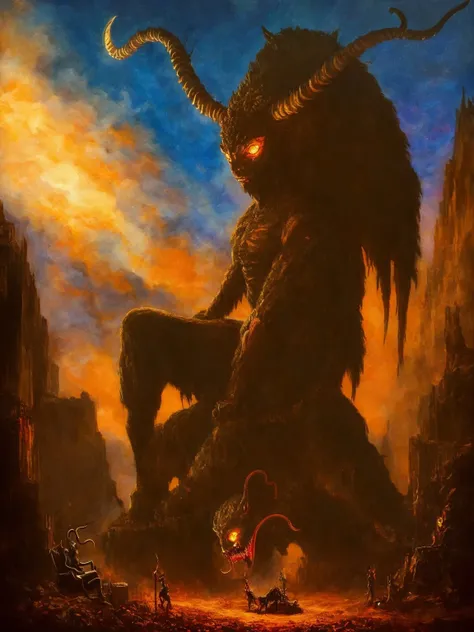 masterpiece, best quality, LostStyle, Spiritual World, low View, scary evil demonic horrific demon Satyr, horns, Hoove feet, demons tails, siting in dark satanic throne in Dark Night fantasy sky fantasy worlds, NIGHT, highly detailed, highly detailed Face, high quality,  big eyes  <lora:LostDepthStyle-000004:0.7>