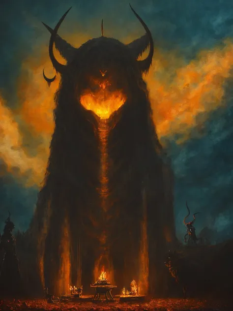 masterpiece, best quality, LostStyle, Spiritual World, low View, scary evil demonic horrific demon Satyr, horns, Hoove feet, demons tails, siting in dark satanic throne in Dark Night fantasy sky fantasy worlds, NIGHT, highly detailed, highly detailed Face, high quality, big eyes <lora:LostDepthStyle-000004:0.7>