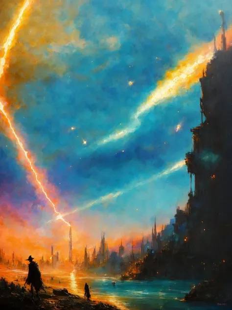 masterpiece, best quality, LostStyle, Pentax K1000 SMC Pentax-A 50mm f/2, huge monster, war , explosions, smoke, black and dark turquoise tones, art,retro effect, soft light, artstation, vintage, low contrast,  warm colors, color washout, Blurry brushstrokes, Painted light, (by Wadim Kashin:1.2) <lora:LostDepthStyle-000004:0.7>