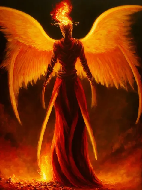 masterpiece, best quality, loststyle, solo, looking at viewer, standing, wings, glowing, bird, fire, dark, horror (theme)  <lora:LostDepthStyle-000004:0.7>