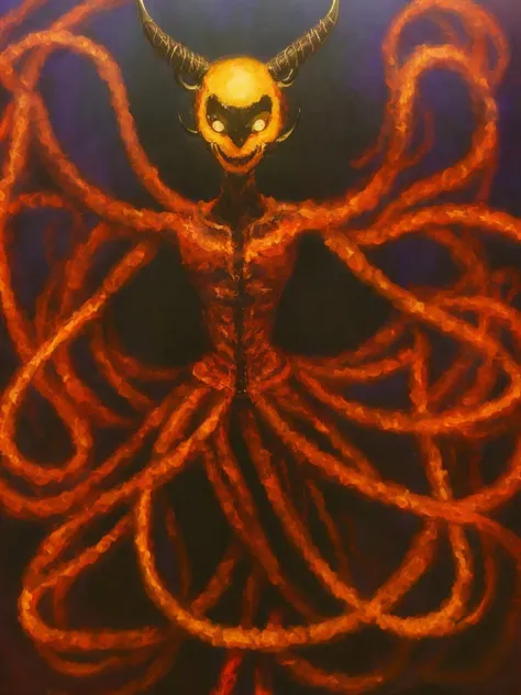 masterpiece, best quality, LostStyle, Spiritual World, low View, scary evil demonic horrific demon, horns, Hoove feet, demons tails, Dark Night, highly detailed, high quality, big eyes <lora:LostDepthStyle-000004:0.7>