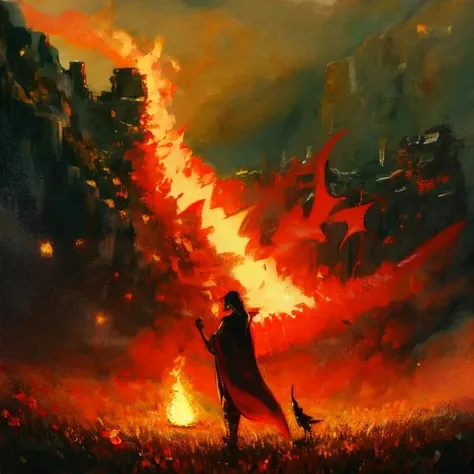 demon, dragon, from behind, grass, (horror,red theme) , loststyle, mask, monster, skull, solo, standing, starry sky, weapon, fire,<lora:LostDepthStyle:0.7>