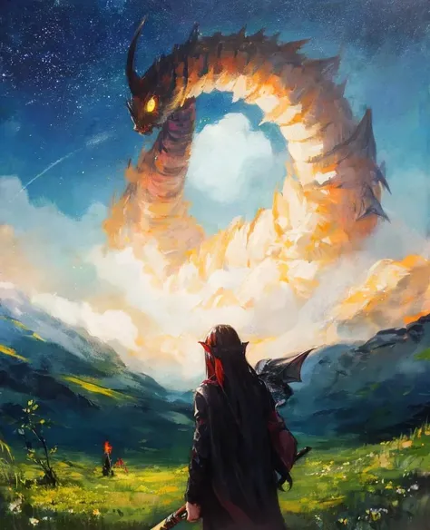 demon, dragon, from behind, grass, holding, horror , loststyle, mask, monster, skull, solo, standing, starry sky, weapon, <lora:LostDepthStyle:0.7>
