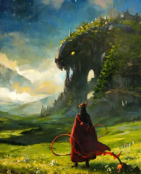 demon, dragon, from behind, grass, holding, horror (theme), loststyle, mask, monster, skull, solo, standing, starry sky, weapon,  <lora:LostDepthStyle:0.7>