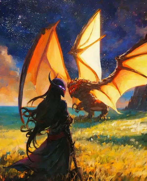 demon, dragon, from behind, grass, horror) , loststyle, mask, monster, skull, solo, standing, starry sky, weapon,  <lora:LostDepthStyle:0.7>