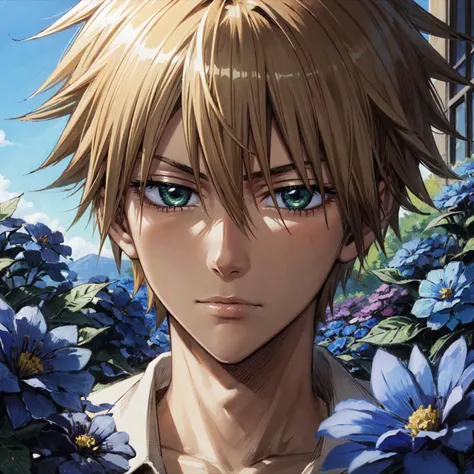 usui takumi\(maid sama\), solo, 1boy, looking at viewer, male focus, green eyes, short hair, bangs, blonde hair, hair between eyes, close-up, blue flower, red flower, yellow flower, <lora:Usui_Takumi_No_commercial_use_is_allowed_LoRA:0.5>