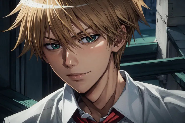 highres, realistic, portrait photography, photorealistic, shiny skin, detailed skin, usui takumi\(maid sama\), solo, 1boy, looking at viewer, male focus, green eyes, short hair, bangs, blonde hair, hair between eyes, smile, collared shirt, sky, red necktie, moody lighting, <lora:Usui_Takumi_No_commercial_use_is_allowed_LoRA:0.6>