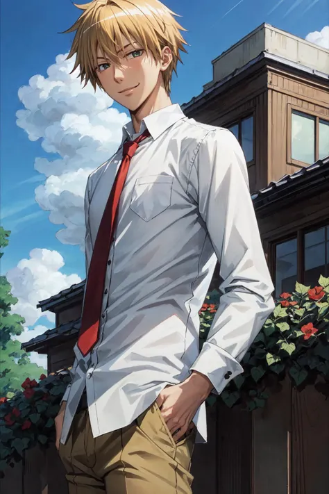 usui takumi\(maid sama\), solo, 1boy, looking at viewer, male focus, green eyes, short hair, bangs, blonde hair, hair between eyes, long sleeves, white shirt, male focus, smile, outdoors, sky, day, collared shirt, brown pants, cloud, blue sky, red necktie, hedge, glimmer, bloom<lora:Usui_Takumi_No_commercial_use_is_allowed_LoRA:0.5>
