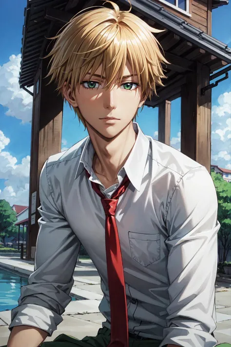 best quality, ultra detailed, highres, high-resolution, 4k, 4k portrait, 8k, 8k portrait, unity 8k wallpaper, extremely detailed unity 8k wallpaper, realistic, RAW photo, real person, portrait photography, photorealistic, shiny skin, detailed skin, usui takumi\(maid sama\), solo, 1boy, looking at viewer, male focus, green eyes, short hair, bangs, blonde hair, hair between eyes, long sleeves, white shirt, male focus, outdoors, necktie, sky, day, collared shirt, yellow pants, sitting, cloud, blue sky, red necktie, school, fountain,  glimmer, bloom<lora:Usui_Takumi_No_commercial_use_is_allowed_LoRA:0.5>